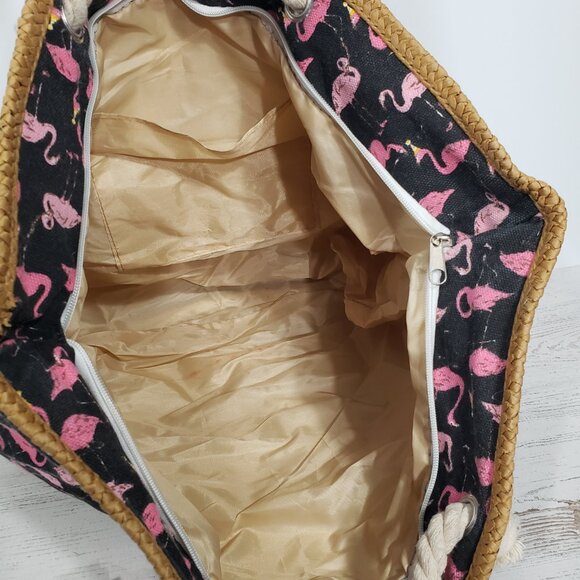 Turks & Caicos  Burlap Jute Tote Bag with Flamingos  Rope Handle - Picture 4 of 6